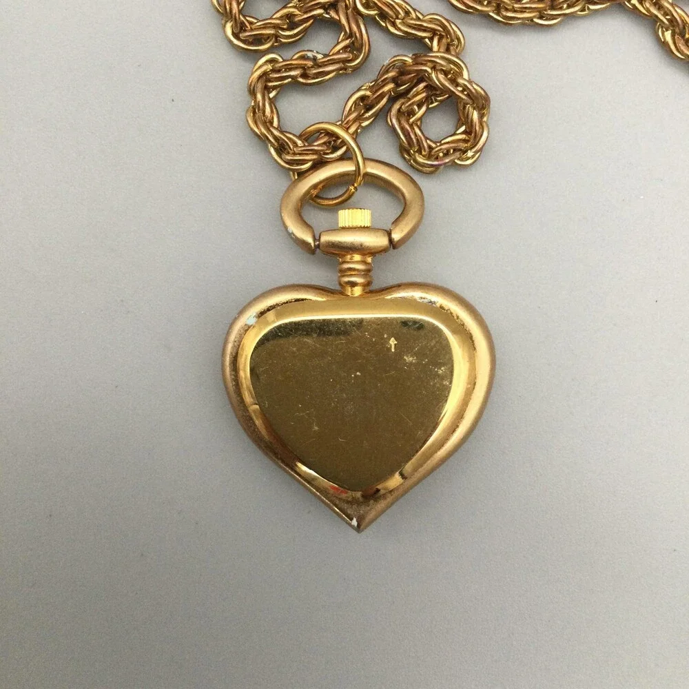 VGII Heart Pendant Watch Necklace Womens 29mm Gold Tone White Dial New Battery